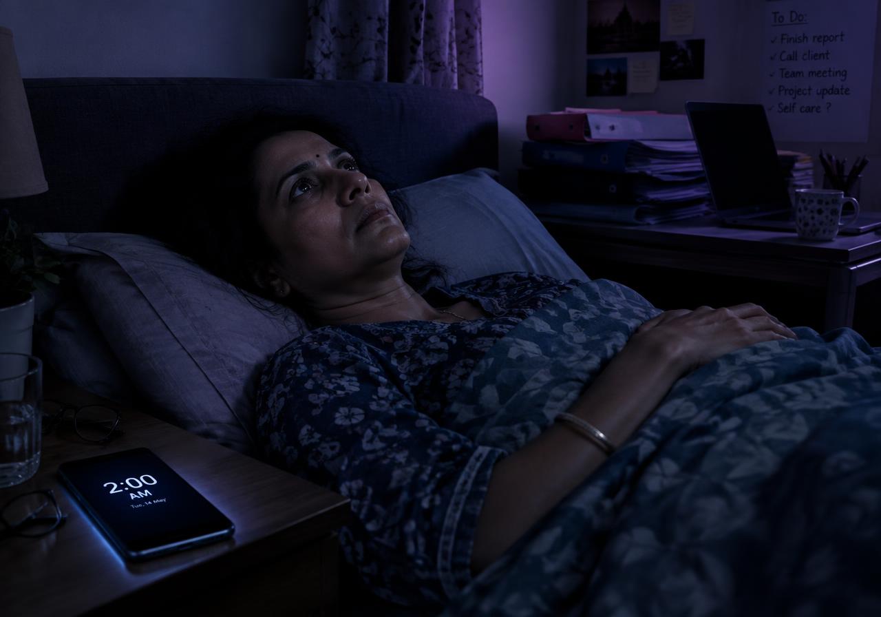 Tired woman lying awake at 2 AM