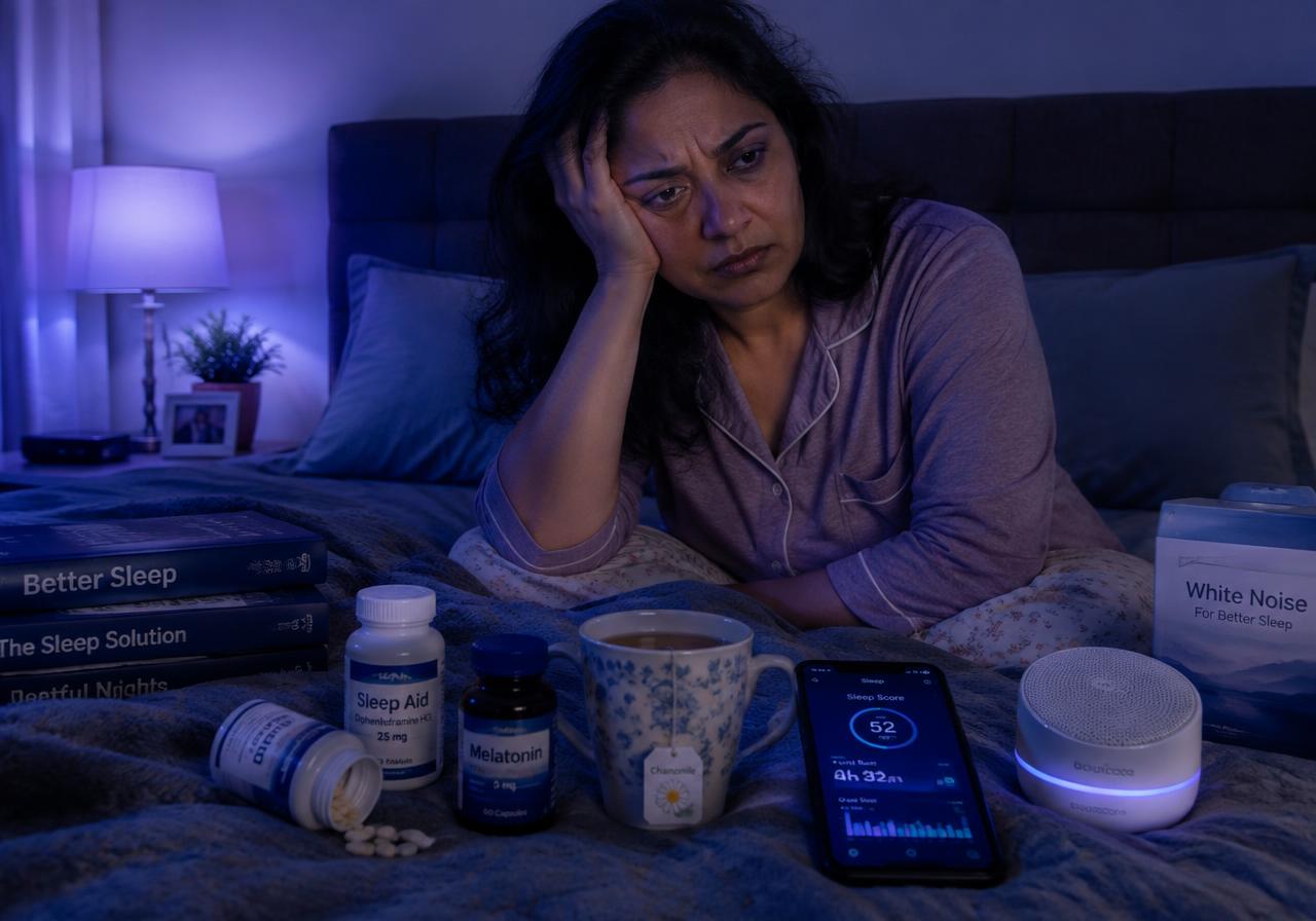 Woman surrounded by sleep remedies that didn't work
